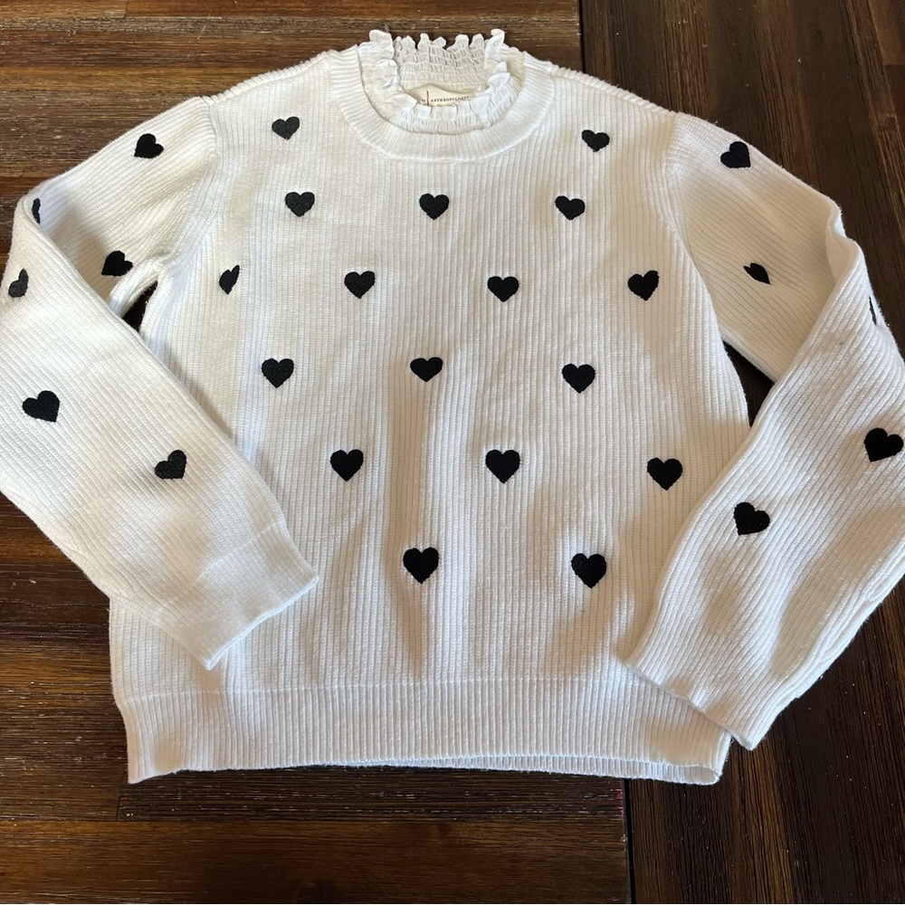 Anthropologie White Sweater with Black Heart Pattern